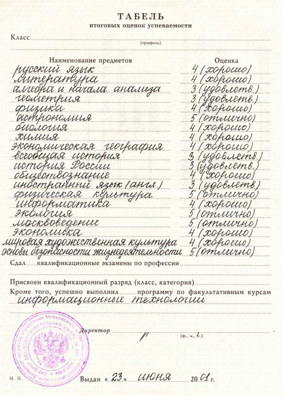 Выписка из школы